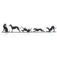 A complete Sighthound Silhouette Ornaments Set of five black sighthound figures on a white background, showcasing poses like the "zoomies" sprint, a belly-up roach, sitting, standing, and a play-bow.