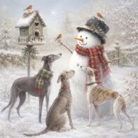 Sighthound Christmas cards – three sighthounds making friends with a snowman