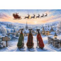 Greyhound charity Christmas cards – three festive sighthounds watching Santa’s sleigh fly over a snowy village